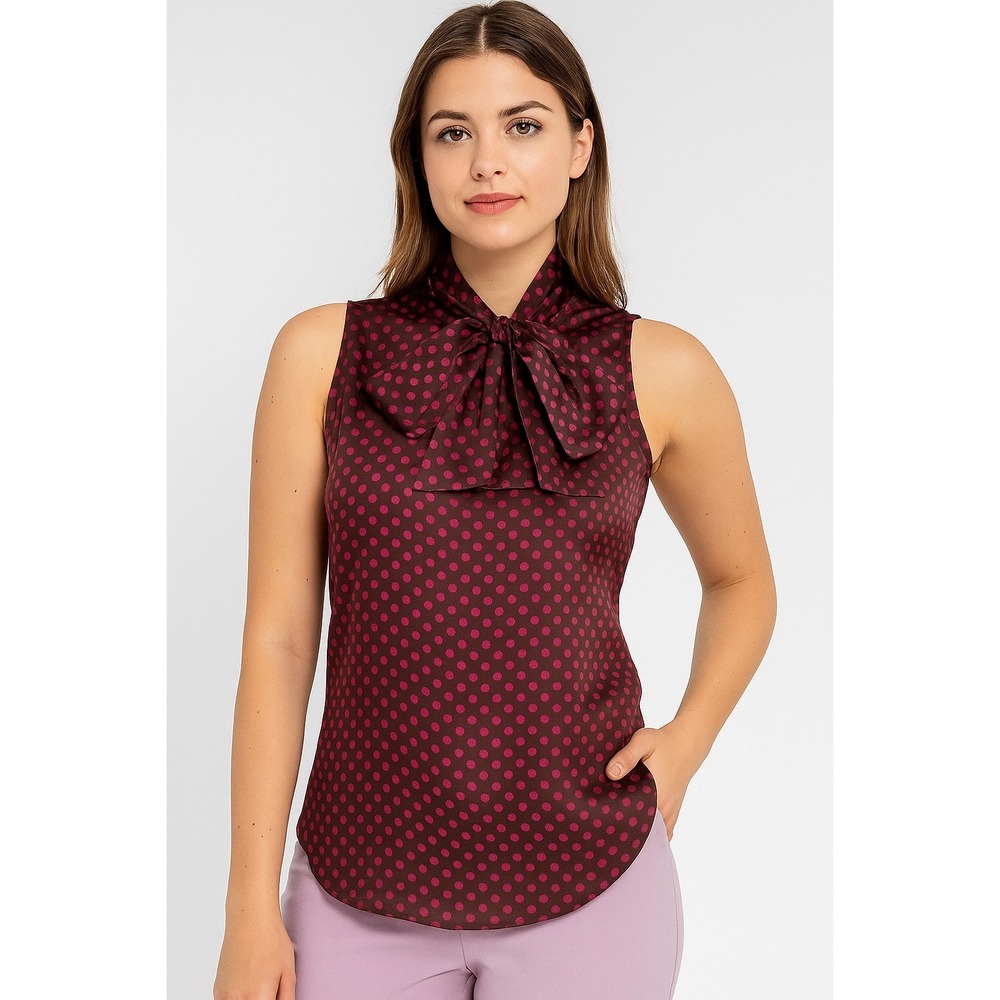 Eva Mendes New York & Co Polka Dot Tie Neck Sleeveless Blouse Burgundy 55-17‎